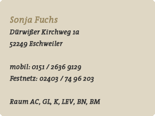 Sonja Eder, Sterntalerweg 19, 51469 Bergisch Gladbach, Tel.: 02202 / 43435, mobil: 0151 / 26369129, E-Mail: info@pferd-e-motion.de